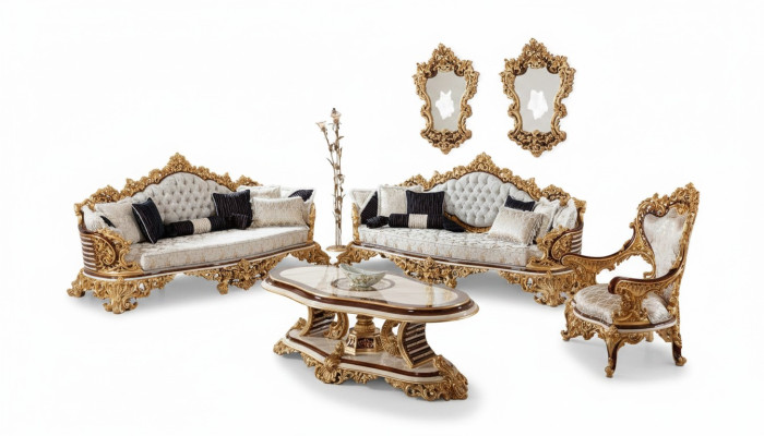 White-Gold Chesterfield Sofa Set 3+3+1 Seater Couch Armchair 3-piece