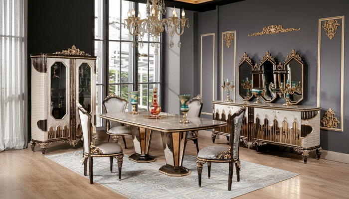 Classic White and Gold Dining Room Set Dining Table 6x Chairs Sideboard