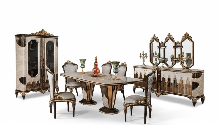 Classic White and Gold Dining Room Set Dining Table 6x Chairs Sideboard