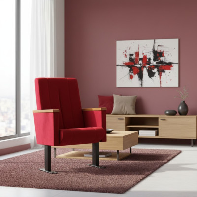 Designer red luxury chair, single-seater, modern upholstered armchair, textile, wooden furniture.