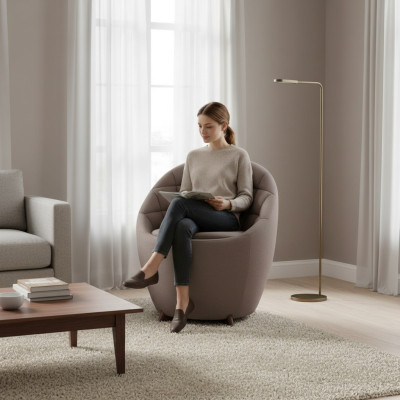 Brown upholstered armchair living room single-seater designer 1-seater wooden frame.