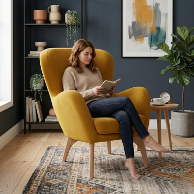 Yellow designer armchair upholstered living room lounge chair elegant single-seater