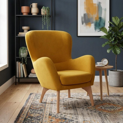 Yellow designer armchair upholstered living room lounge chair elegant single-seater