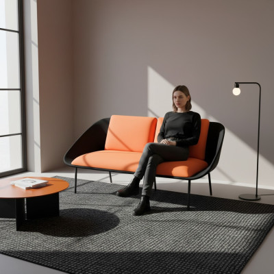Black-Orange 2-Seater Study Upholstery Modern Couch Textile Sofas