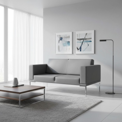 Gray office style 2-seater designer upholstered sofa faux leather couches 2-seater