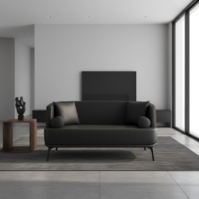 Black living room 2-seater upholstered faux leather sofa 2-seater leather couch.