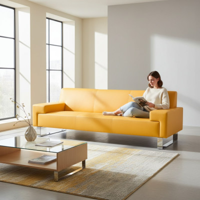 Orange 3-seater upholstered sofa leather couch three-seater living room sofa