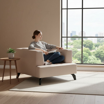 Luxury Beige Leather Armchair Upholstered Lounge Single-Seater Relax Club Chair Style