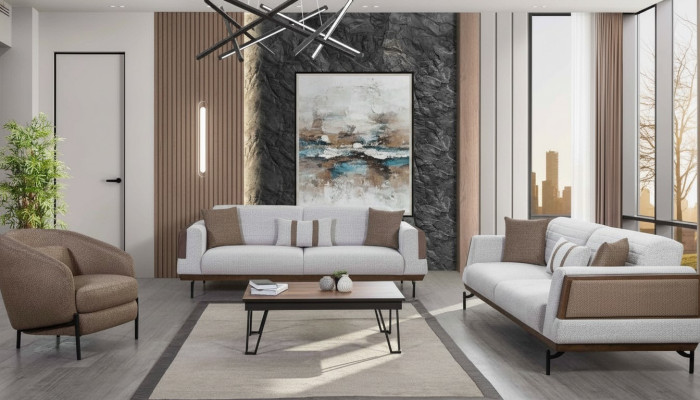 Gray-Brown Sofa Set 3+3+1 Seater Living Room Set + Luxury Coffee Table