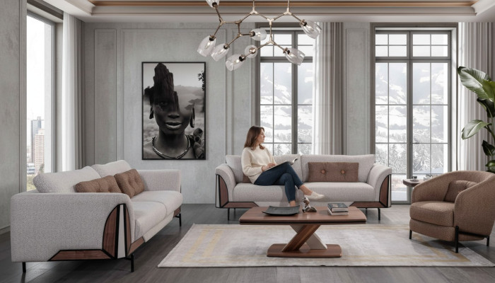 Brown-Gray Sofa Set 3+3+1 Coffee Table Complete Living Room Set