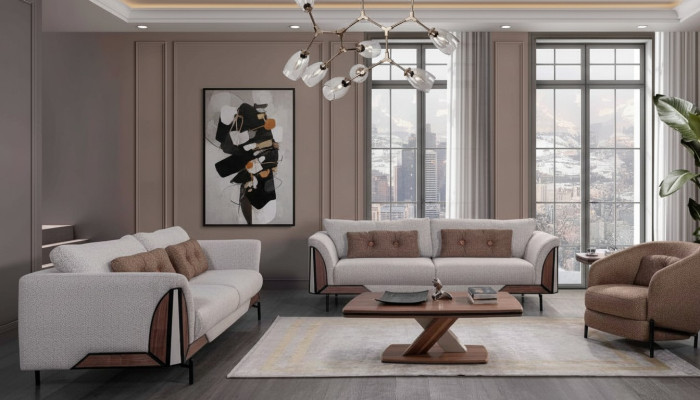 Brown-Gray Sofa Set 3+3+1 Coffee Table Complete Living Room Set