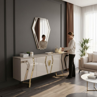 Luxury white-gold chest of drawers with mirror designer sideboard wood furniture