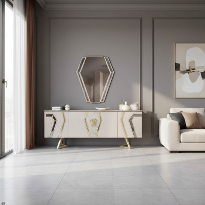 Luxury white-gold chest of drawers with mirror designer sideboard wood furniture
