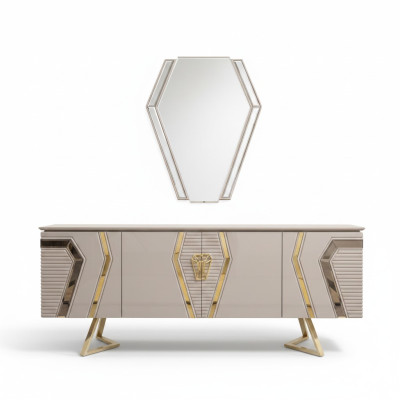 Luxury white-gold chest of drawers with mirror designer sideboard wood furniture