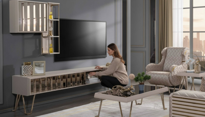 TV stand RTV wall shelves coffee table beige metal modern living room set 3-piece
