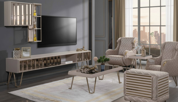 TV stand RTV wall shelves coffee table beige metal modern living room set 3-piece