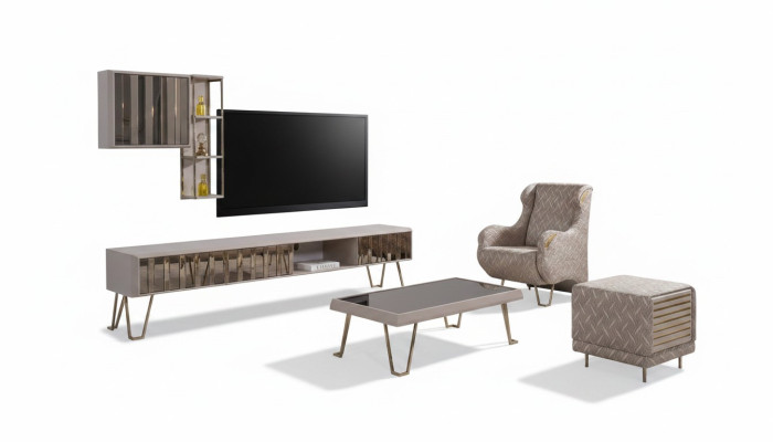 TV stand RTV wall shelves coffee table beige metal modern living room set 3-piece