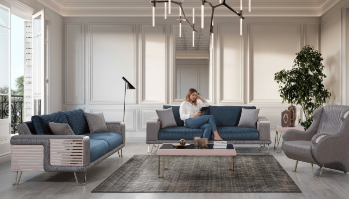 Sofa set 3+3+1 seater + coffee table modern textile complete blue new