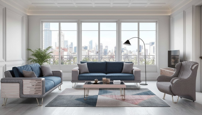 Sofa set 3+3+1 seater + coffee table modern textile complete blue new