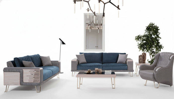 Sofa set 3+3+1 seater + coffee table modern textile complete blue new