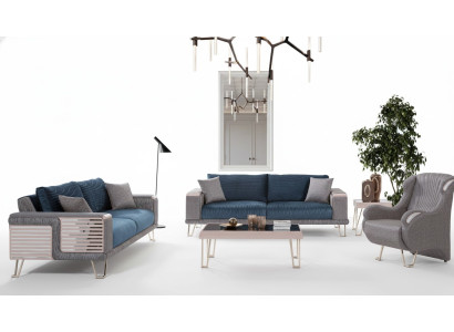 Sofa set 3+3+1 seater + coffee table modern textile complete blue new