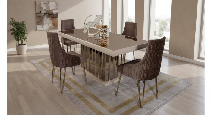 Luxury dining room set dining table 4x chairs metal chair textile dining group suite
