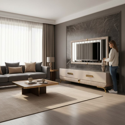 Wall unit wall wood modern style shelf living room furniture cabinet RTV with TV frame