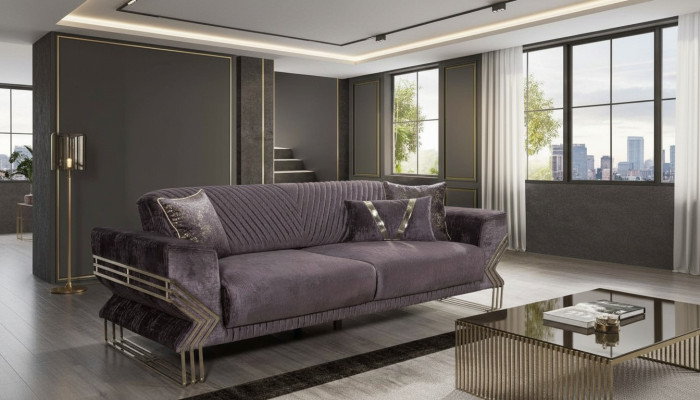 Modern purple three-seater designer couch, upholstered sofa, living room 3-seater