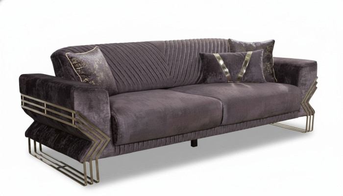 Modern purple three-seater designer couch, upholstered sofa, living room 3-seater