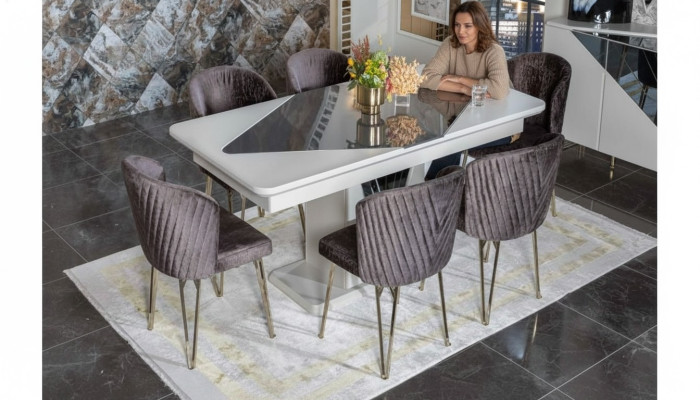 Designer White Dining Table x6 Dark Purple Textile Chairs Dining Room Set