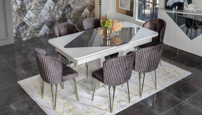Designer White Dining Table x6 Dark Purple Textile Chairs Dining Room Set