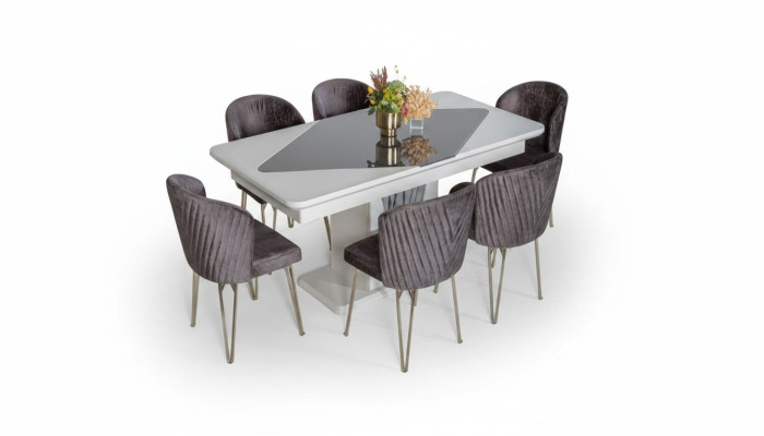 Designer White Dining Table x6 Dark Purple Textile Chairs Dining Room Set