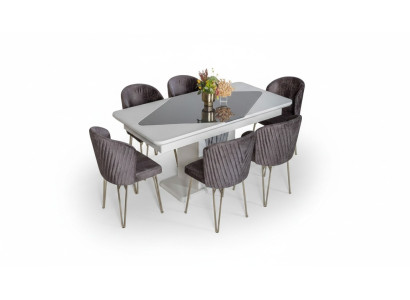 Designer White Dining Table x6 Dark Purple Textile Chairs Dining Room Set