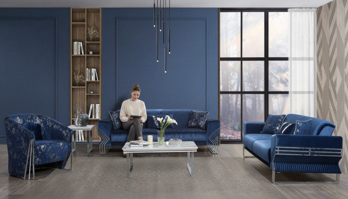 Living room blue couch set designer three-seater armchair coffee table