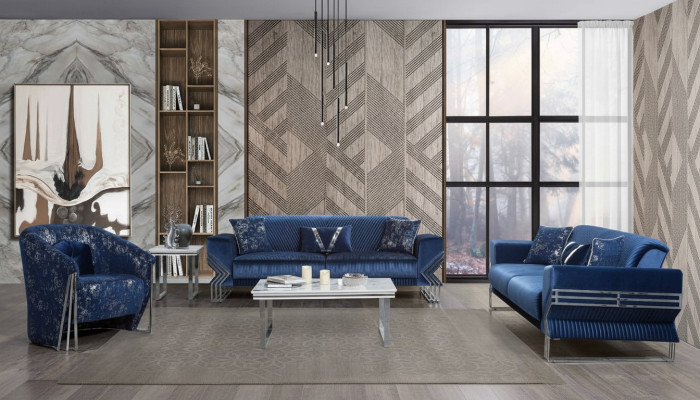 Living room blue couch set designer three-seater armchair coffee table