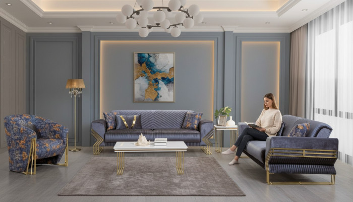 Light blue living room set designer 3-seater luxurious armchair coffee table