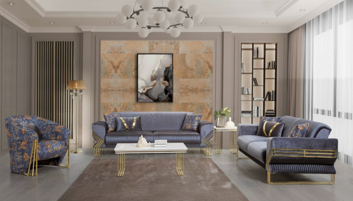 Light blue living room set designer 3-seater luxurious armchair coffee table