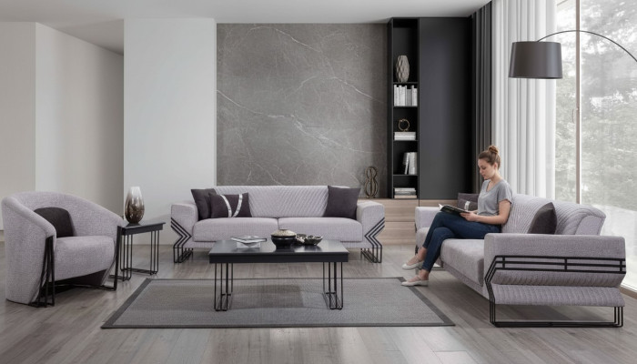 Light gray sofa set modern x2 upholstered sofas designer armchair tables