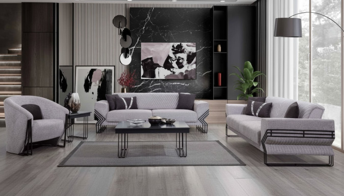 Light gray sofa set modern x2 upholstered sofas designer armchair tables