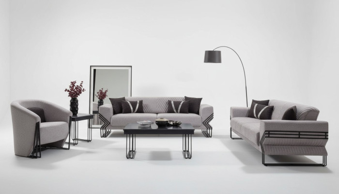 Light gray sofa set modern x2 upholstered sofas designer armchair tables