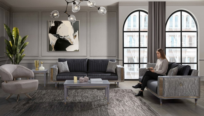 Gray living room set, designer sofas, luxury coffee table, side table