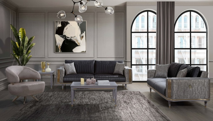 Gray living room set, designer sofas, luxury coffee table, side table