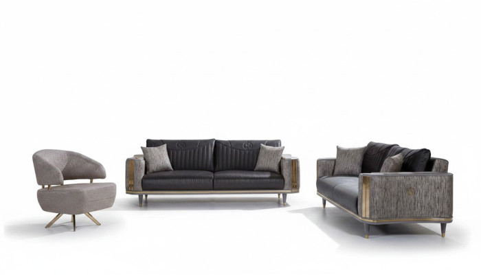 Gray living room set, designer sofas, luxury coffee table, side table
