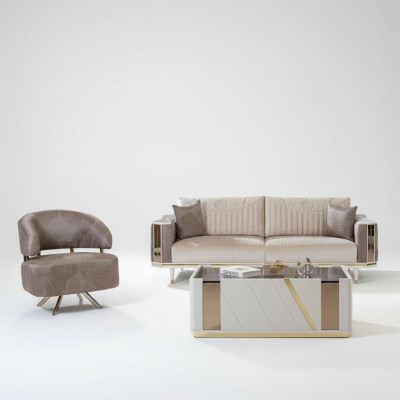Modern living room set designer beige three-seater armchair coffee table