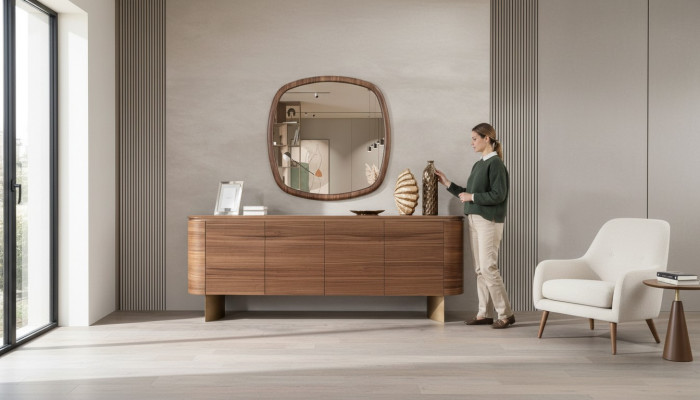 Modern brown dresser, 4-door sideboard, designer buffet, mirror