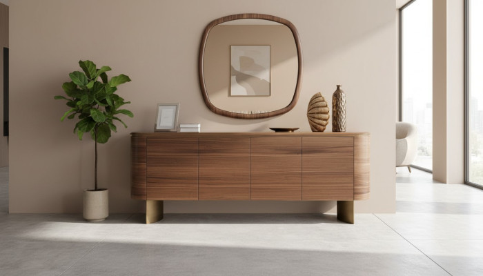 Modern brown dresser, 4-door sideboard, designer buffet, mirror