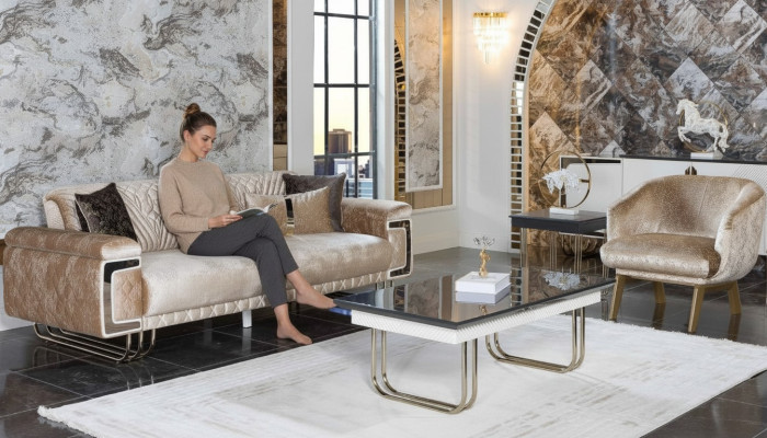 Living room modern sofa suite three-seater upholstered armchair coffee table