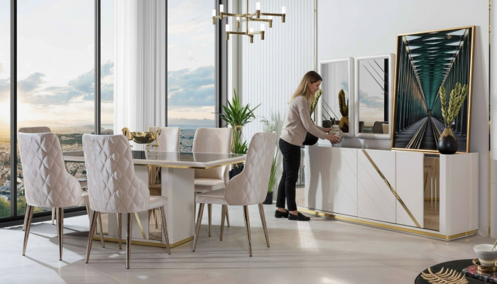 Beige stainless steel dining room set designer dining table x6 chairs sideboard