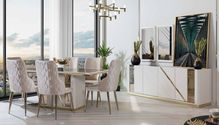 Beige stainless steel dining room set designer dining table x6 chairs sideboard