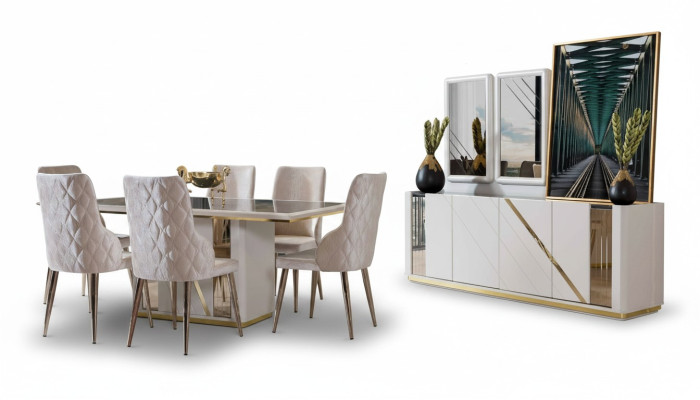 Beige stainless steel dining room set designer dining table x6 chairs sideboard